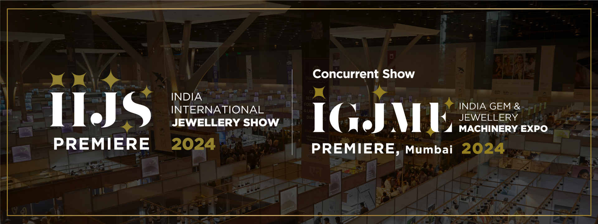 Banner for IIJS Premiere 2024 and IGJME Expo in Mumbai, featuring the logos and event names