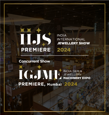 Banner for IIJS Premiere 2024 and IGJME Expo in Mumbai, featuring the logos and event names