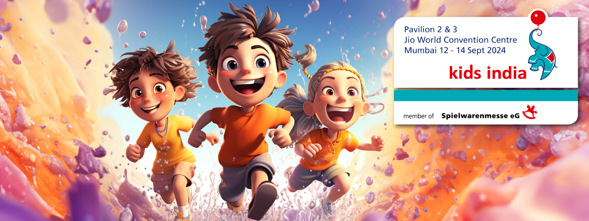 Three cartoon children joyfully running with splashes of water around them.