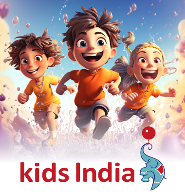 Three cartoon children joyfully running with splashes of water around them.
