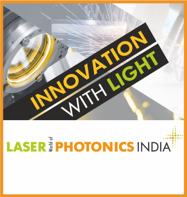 Graphic promoting Innovation with Light for LASER World of Photonics India, featuring a beam of light and industrial imagery.