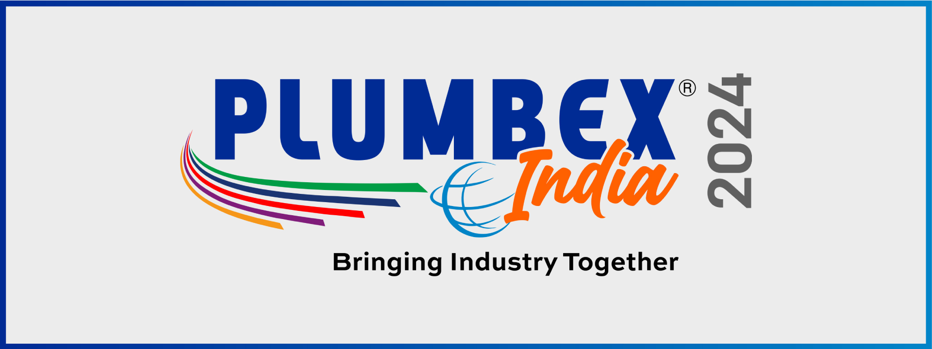Logo for Plumbex India 2024 featuring the text Plumbex India 2024 with colorful curved lines and a globe design