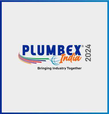 Logo for Plumbex India 2024 featuring the text Plumbex India 2024 with colorful curved lines and a globe design
